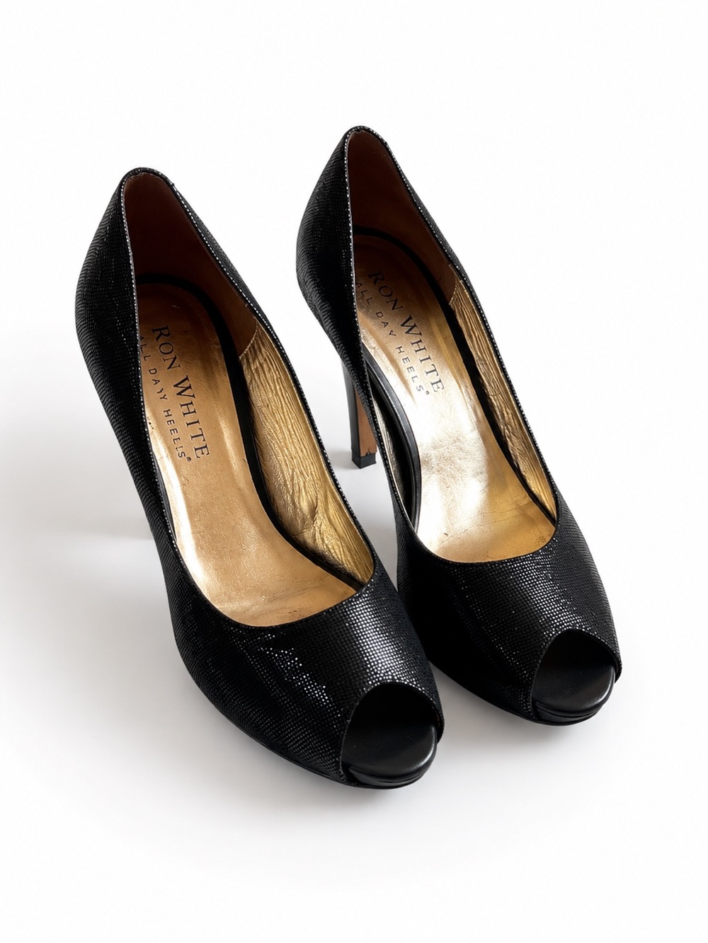 RON WHITE Black Peep Toe Designer Pumps Textured Stiletto Heels